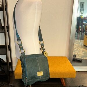 Fossil Blue Crossbody Bag with Gold Accents